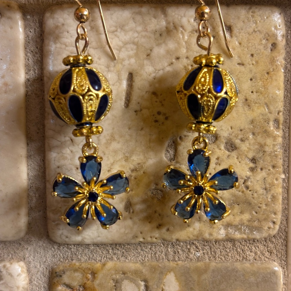 Gold Cloisonné and Blue Floral Beaded Earrings 2 inches - Picture 2 of 4